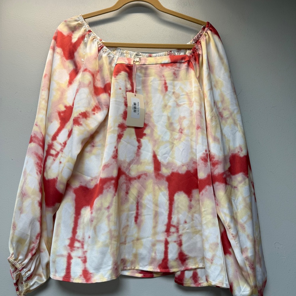 Entro Melissa Tie Dye Top Women Large Red Yellow NEW Off Shoulder Balloon Sleeve